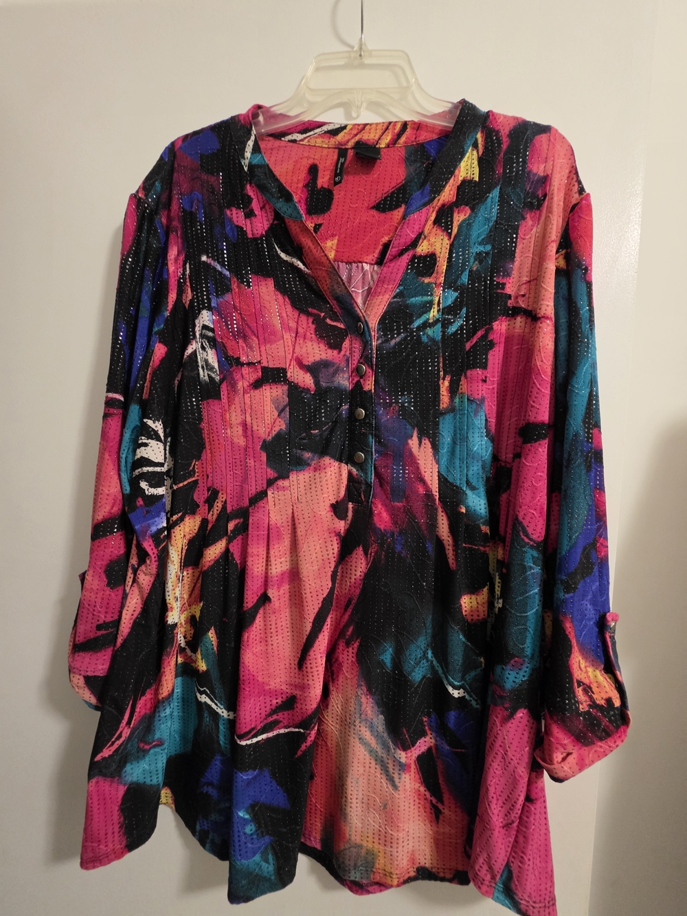 Multicolor Abstract Button-Front Tunic - Pink, Teal, Black